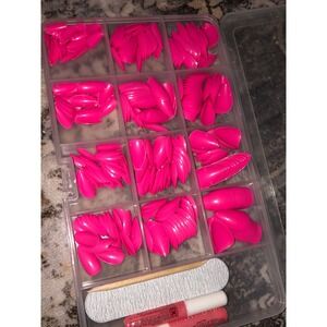 Hot Pink Stiletto False Nails Kit Full artificial Press On Nails with Glue File